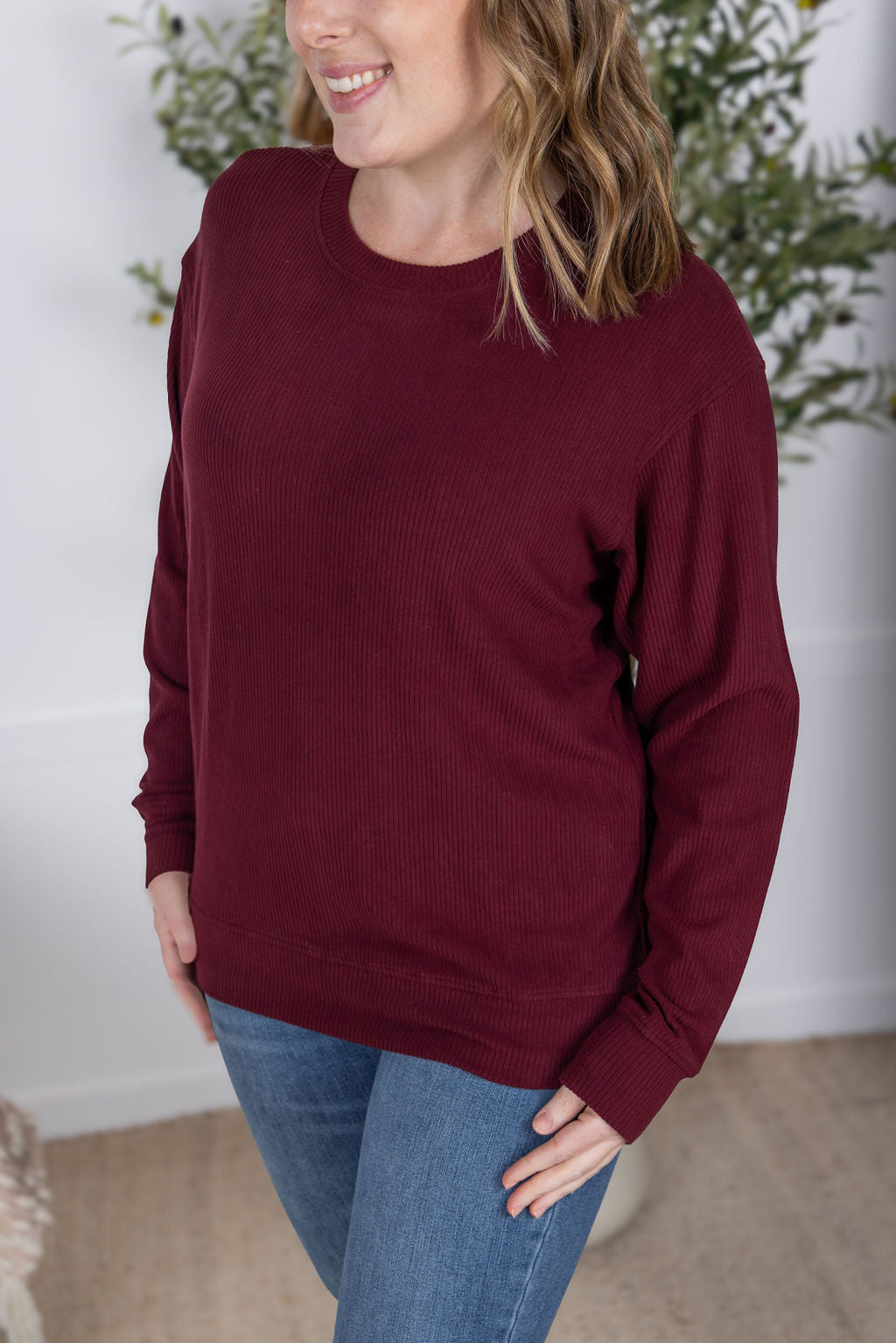 Corrine Ribbed Pullover Top - Burgundy